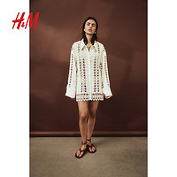 H&M女装2024夏季刺绣亚麻混纺衬衫1226541 白色 155/80 XS
