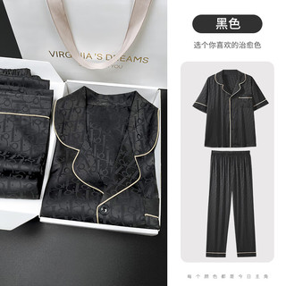 上海故事（STORYOFshanghai）男士睡衣夏季冰丝薄款短袖长裤三件套春秋黑色夏天家居服礼盒装 长意黑【短袖长裤】 L