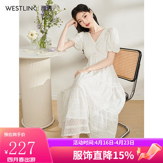 WESTLINK 西遇 白色雪纺连衣裙女2023年新款夏季V领泡泡袖蕾丝收腰A字中长裙 白色 S