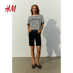 H&M 女装T恤夏季新款字母印花美式宽松学院风短袖上衣1163560 黑色条纹/Paris 165/96
