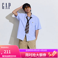 Gap男装2024夏季纯棉小熊刺绣翻领短袖衬衫简约上衣890877 蓝色 165/88A (S) 亚洲尺码