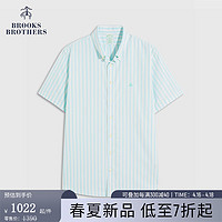 布克兄弟（BrooksBrothers）男士24春夏修身版免烫牛津纺条纹短袖休闲衬衫 4007-浅绿色 S