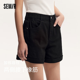 森马（Semir）休闲裤女简约小心机2024夏小个子时尚翻边短裤 黑色90001 170/74A/XL