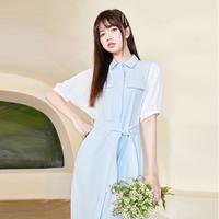 【加送腰带】夏季翻领拼接假两件连衣裙女高腰系带显瘦裙子