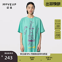 幻走（MOVEUP）2024夏季.FUN系列圆领猫咪印花设计师中长款T恤女 浅水绿 S
