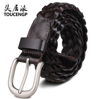 TOUCENGP织皮带男针扣头层纯牛皮裤腰带制休闲牛仔潮腰带织真皮皮带 深咖啡 110cm 长度