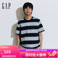 Gap男女装2024夏季水洗棉刺绣logo撞色条纹短袖T恤上衣889282 蓝白条纹 170/92A(M) 亚洲尺码