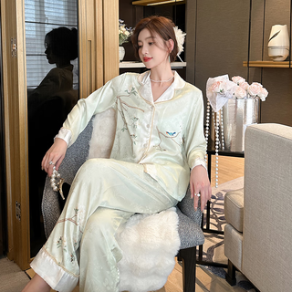 达芬奇密码 睡衣女士家居服2024春夏冰雪丝花边提花两件套礼盒装 春兰弥香 嫩绿 XL