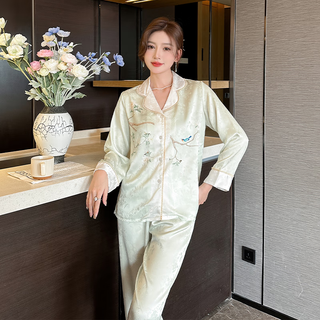 达芬奇密码 睡衣女士家居服2024春夏冰雪丝花边提花两件套礼盒装 春兰弥香 嫩绿 XL