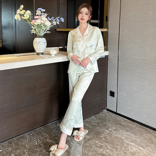 达芬奇密码 睡衣女士家居服2024春夏冰雪丝花边提花两件套礼盒装 春兰弥香 嫩绿 XL