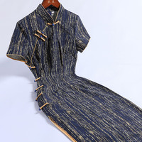 戚薇小个子旗袍复古民国素雅改良日常2024年显瘦中年短袖夏季 蓝色 M