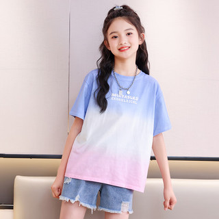 优优1点（Yoyo one）女童短袖t恤2024大童夏季纯棉圆领渐变上衣T儿童洋气宽松夏装 18897粉渐蓝+4357渐变粉色 160cm
