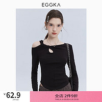 EGGKA 斜一字肩设计感T恤2024春季时尚百搭气质小众别致长袖上衣 黑色 M