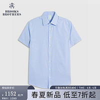 布克兄弟（BrooksBrothers）男士24春夏修身版免烫斜纹棉格纹短袖正装衬衫 B485-淡蓝色 16/H