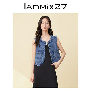 Iammix27复古牛仔马甲女春夏时尚百搭水洗磨白圆领牛仔棉无袖马夹 牛仔深蓝 M