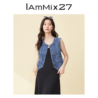 Iammix27复古牛仔马甲女春夏时尚百搭水洗磨白圆领牛仔棉无袖马夹 牛仔深蓝 M