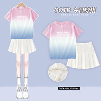 优优1点(Yoyo one)女童短袖t恤2024大童夏季纯棉圆领渐变上衣T儿童洋气宽松夏装 18897蓝渐变粉+1566白色 120cm