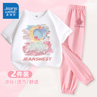 真维斯童装 JEANSWEST JNR女童夏装套装2024中大童夏季纯棉短袖t恤女孩休闲透气防蚊裤 白/J彩色油画-粉/J小粉花K 160cm