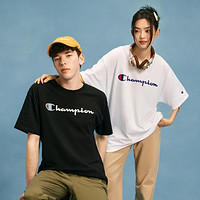 Champion 休闲街头男女同款胶印草写logo短袖T恤