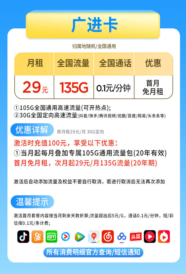 CHINA TELECOM 中国电信 广进卡 29元月租（135G流量+长期套餐+可选号码+畅享5G信号）值友赠2张20元E卡