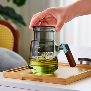 绿昌明玻璃泡茶杯茶水分离杯办公茶具加厚耐热茶杯花茶杯木把隔热喝茶杯