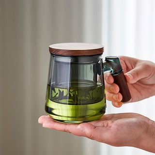 绿昌明玻璃泡茶杯茶水分离杯办公茶具加厚耐热茶杯花茶杯木把隔热喝茶杯