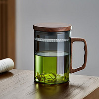 绿昌明玻璃茶杯加厚耐高温茶水分离杯办公个人月牙带过滤喝水绿茶泡茶器 烟灰色  木盖兰香杯480ml