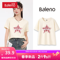 班尼路粉色短袖t恤女2024夏季薄款宽松显瘦正肩内搭上衣女装 杏-星星拼贴 XL