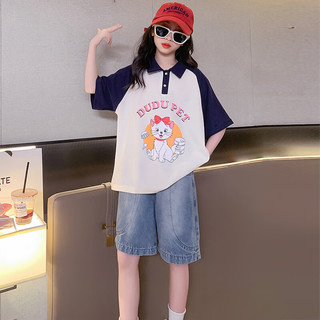 霖淑宜女童夏季套装短袖印花猫咪polo衫中大童运动短裤韩版学院风两件套 粉色套装 120码（身高110cm-120cm）