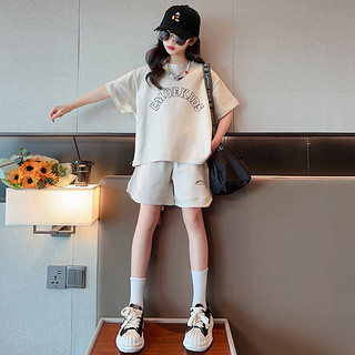 霖淑宜女童夏装套装小女孩短袖短裤简约6-12岁儿童衣服 米白色 140 身高130cm-140cm