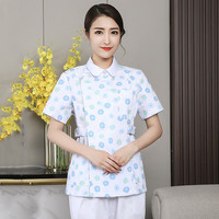 鑫亦泽碎花护士服短袖分体套装夏修身口腔母婴护理服家政月嫂工作服 偏开娃娃领蓝花短袖上衣 XL
