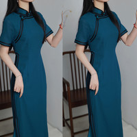 俏娘鱼复古民国风墨蓝短袖长款旗袍2024年春夏日常可穿年轻款 墨蓝(裙长129左右) XL