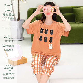 秋鹿睡衣女士【凉感棉】夏季圆领短袖可爱印花舒适七分裤家居服套装 深灰（34） M