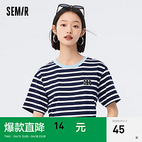 Semir 森马 短袖T恤女刺绣撞色上衣个性夏季宽松时尚条纹衫复古 蓝白色调00381 150/76A/XS