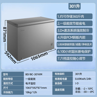  Midea/美的 一级能效 卧式冰柜  钛钢灰 301L