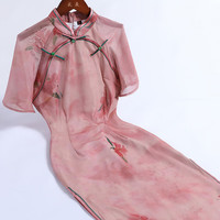 戚薇改良粉色旗袍2024夏季年轻款少女气质优雅国风碎花连衣裙 粉色 S