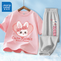 真维斯童装 JEANSWEST JNR 真维斯童装女童运动套装2024儿童短袖纯棉夏季女孩衣服洋气时髦薄款夏装 粉心兔/粉+气球兔/浅灰 140