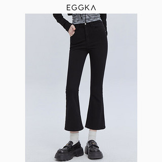 EGGKA 微喇高腰牛仔裤女春季美式复古通勤简约休闲百搭九分裤 黑色 XL