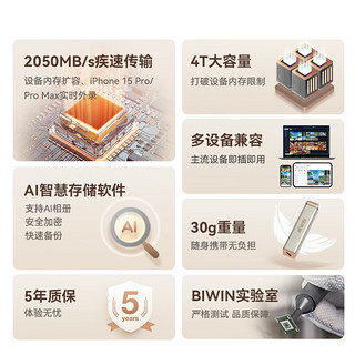 佰维（BIWIN）1TB移动固态硬盘（PSSD）PD2000高速移动固态硬盘2050MB/s手机笔记本外接便携 星光色