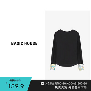 百家好Basic House/百家好春季新中式打底衫长袖T恤女2024刺绣袖口 黑色 XL110-125斤