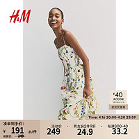 H&M 女装2024春季田园风时尚亚麻混纺中长碎花连衣裙1217048 奶油色/花卉 165/96A