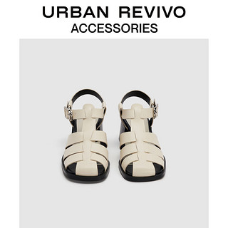 URBAN REVIVO2024夏季女士时尚条带织粗跟凉鞋UAWS40063 米白 39