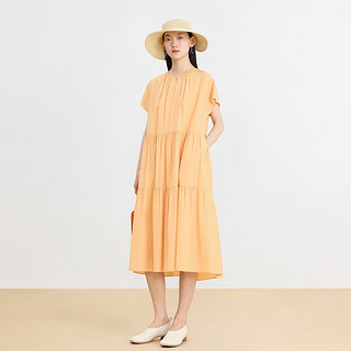 噢姆（AUM）24夏季多巴胺抽褶层次长款宽松连衣裙 橙色 S
