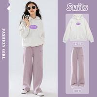 优优1点（Yoyo one）女童阔腿裤儿童2024春秋糯米卫裤女孩休闲直筒裤子中大童春装 4886灰+15077紫【套装】 170cm