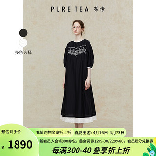 茶·愫【霜花刺绣】puretea茶愫裁片绣花连衣裙女泡泡袖2024年夏季 石墨黑 S