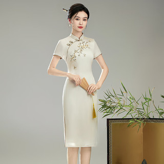 秀觀唐宁梅2024夏装复古改良新国风女装绣花日常高档修身旗袍 香槟色 M