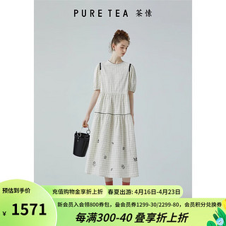 茶·愫（PURE TEA）【色织格纹】刺绣连衣裙EIN言旗下puretea茶愫女泡泡袖2024夏 米白 S