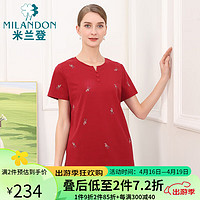 米兰登（MILANDON）2024夏季中老年女装装圆领绣花针织短袖t恤女薄WP2T1117 酒红 5XL