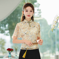 秀觀唐夏金2024夏季滴水洞短款女日常国风新中式旗袍上衣 花色 S