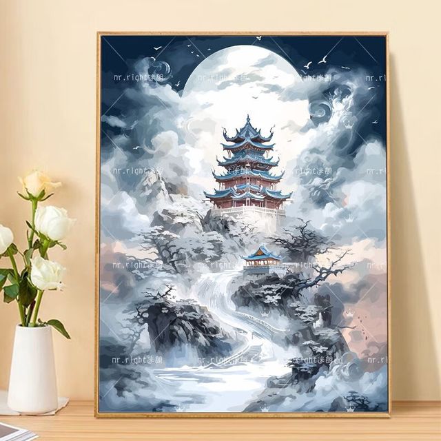 薇欧漫数字油画高难度带框云顶天宫diy填色解闷手工涂色填充手绘油彩中